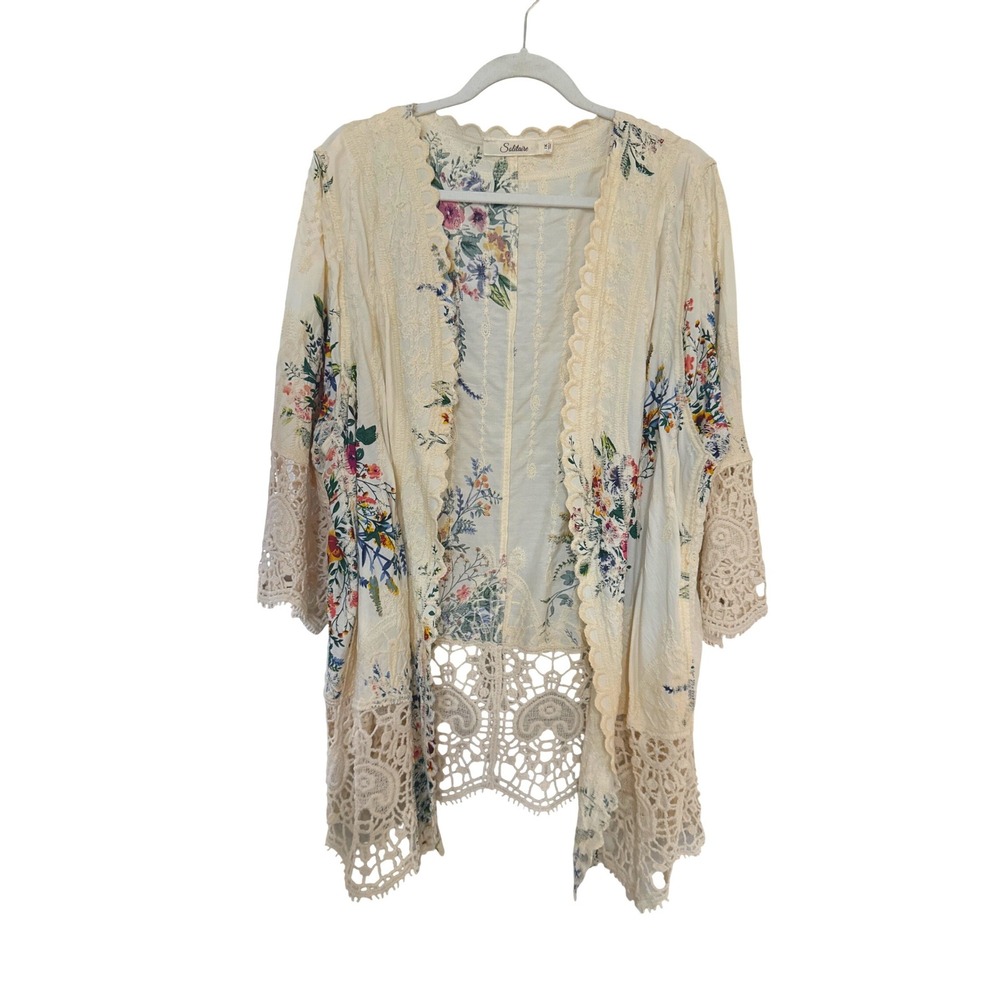 Solitaire Womens Boho Floral Kimono Crochet Lace Trim 1X Cream Open Front Floral